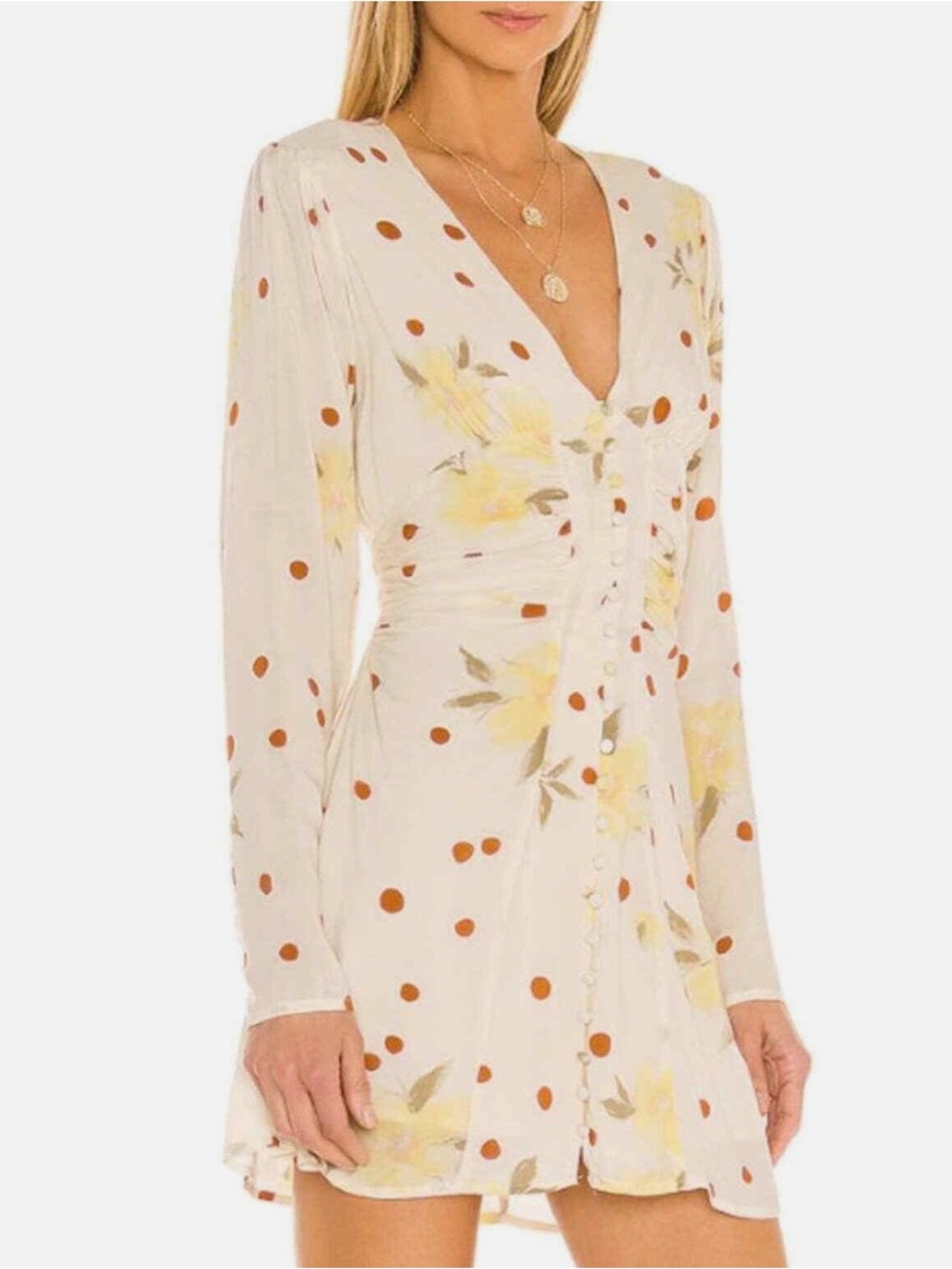 Free People Date Night Cream Floral Dot Long-Sleeve Mini Dress - Picture 1 of 9